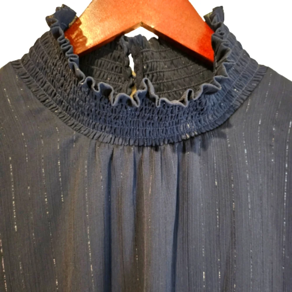 NY Collection Women's Mock Neck Navy Blue Silver Mettalic Stripe Blouse Size XL - Picture 4 of 14
